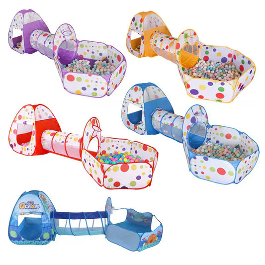 3 in 1 Set Kids Tent Play Tunnel, Baby Ball Pit with Basketball Hoop, Tunnel Crawl playhouse(Balls Not Included)
