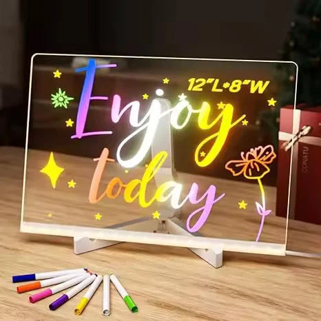✨ LED Acrylic Writing Board with Stand & Colourful Markers (Removable Template