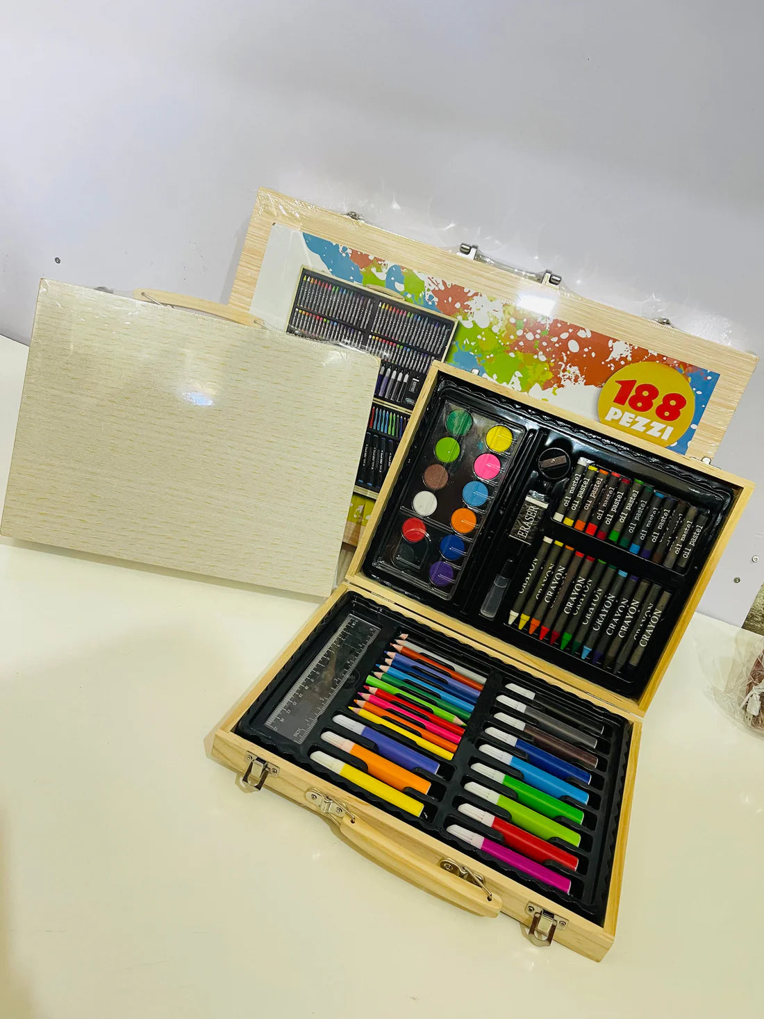 Colouring Art Kit – Multi-Character Box Set for Kids 188 pcs wooden case.
