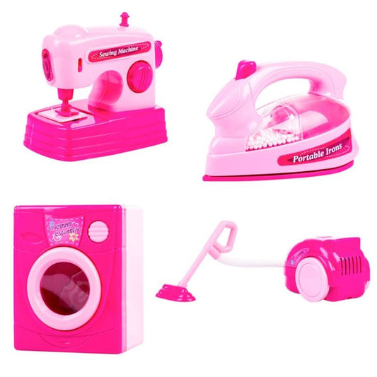 Kids Mini Household Appliance Pretend Play Set – Sewing, Iron, Vacuum & Washing Machine | Battery Operated | Pink