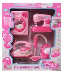 Kids Mini Household Appliance Pretend Play Set – Sewing, Iron, Vacuum & Washing Machine | Battery Operated | Pink